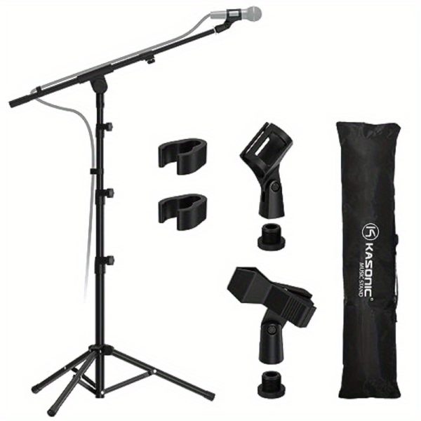 heavy duty adjustable mic stand with tripod base full rotation boom arm (180° rotation), extendable from 29" to 52" height, collapsible design, sturdy steel construction for studio, live performances, weddings, home/outdoor use w/mic clip holder black, wedding sound system, versatile microphone setup, rubberdamped legs, karaoke setup, stable support, event organizers