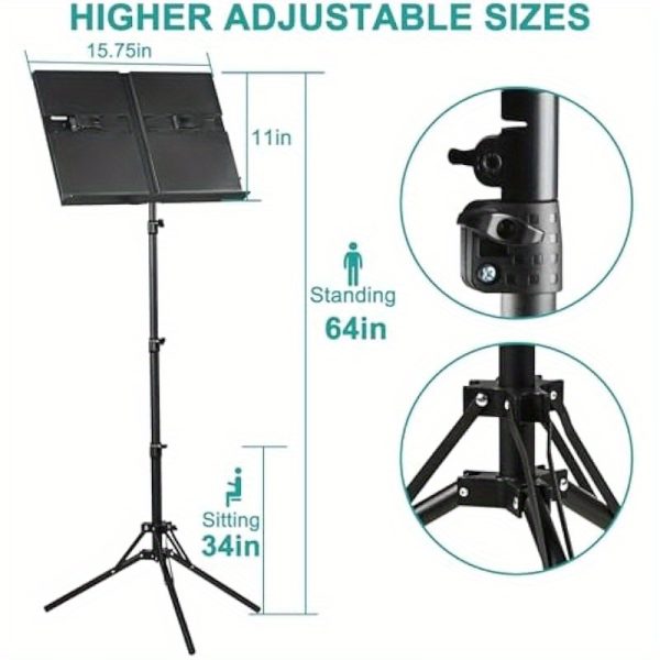 lightweight foldable adjustable music stand with panel extension clip & carrying bag one handed page turning, 34" 64" height, 20" panel capacity, 3 step setup, durable abs plastic & metal tripod for travel, practice, performances black, performance essentials, onehanded operation, robust construction, travel musician gear, highquality materials, orchestra players
