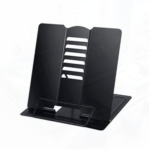 blizzow adjustable desk book stand holder foldable, portable, hands free metal stand for cookbooks, recipes, tablets, music & documents black, recipe holder | modern desk accessory | durable plastic stand